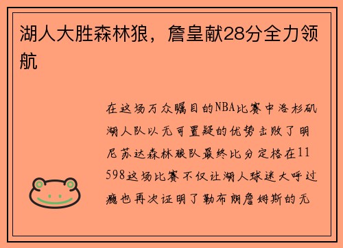 湖人大胜森林狼，詹皇献28分全力领航